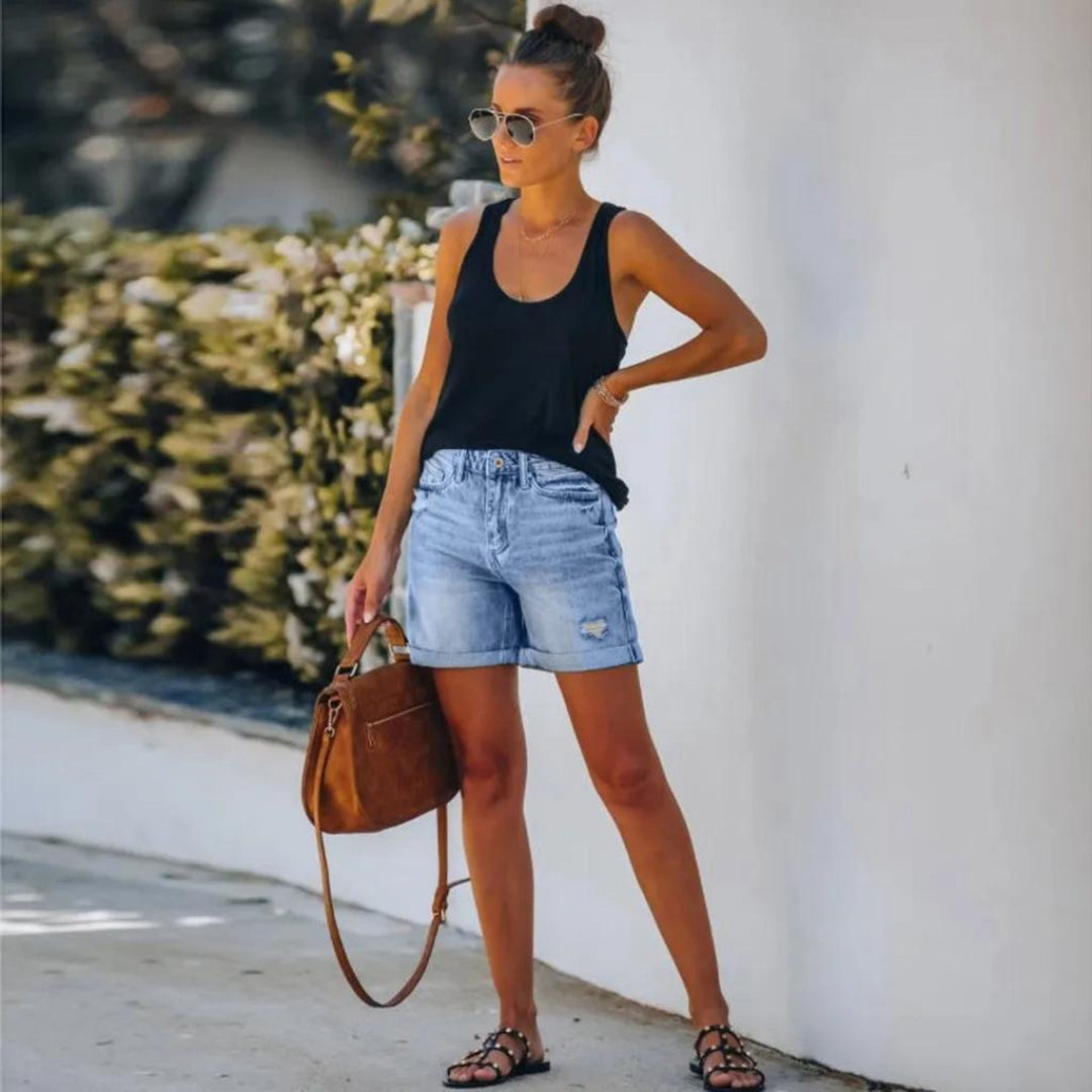Anika | High-Waisted Rolled Denim Shorts