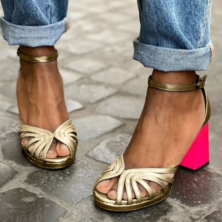 Aurela | Gold-Strap Bold Block Heels
